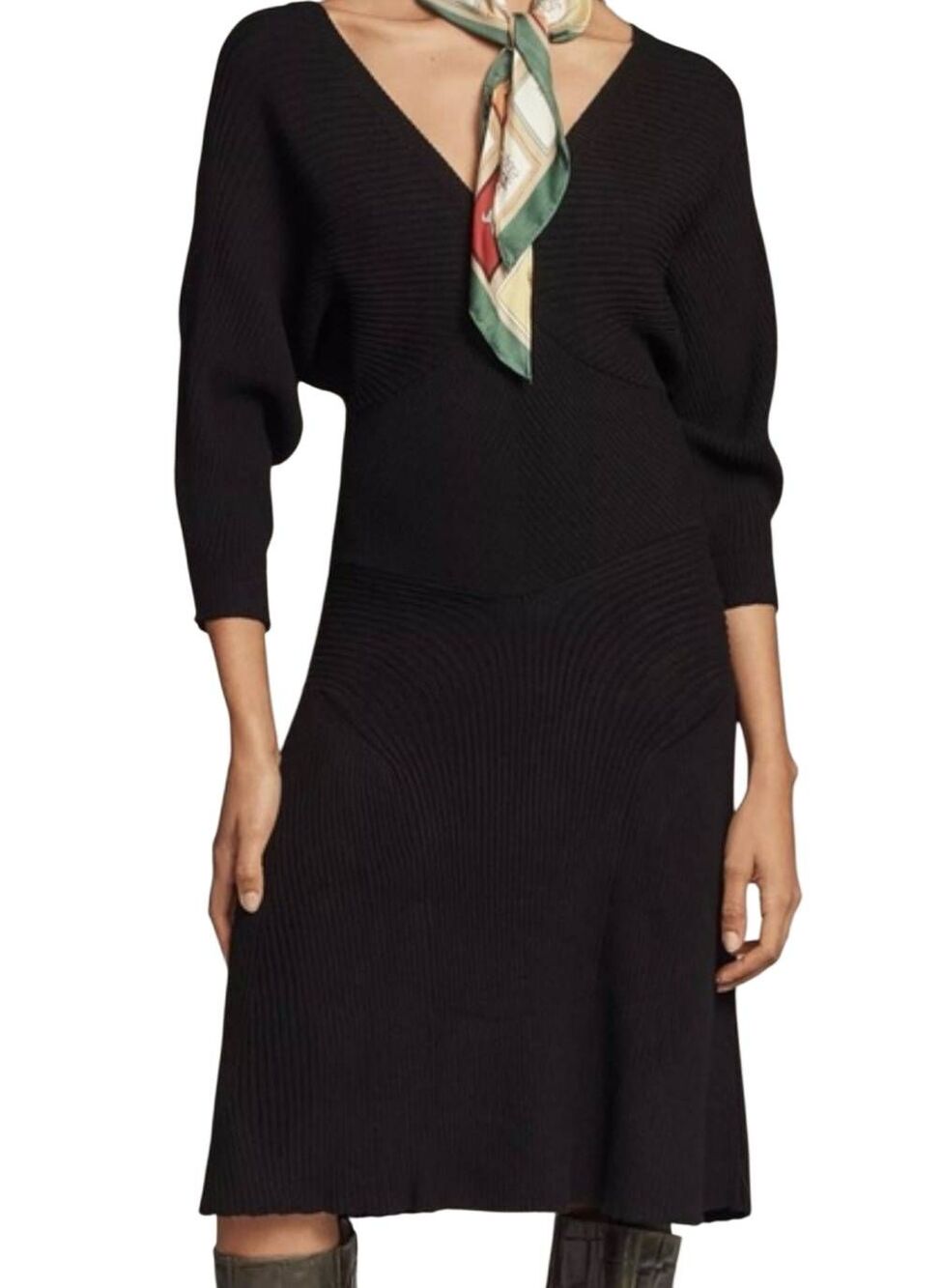 Anthropologie Sweater Dress Women's Medium Black Smocked Ribbed Knit Cozy Midi